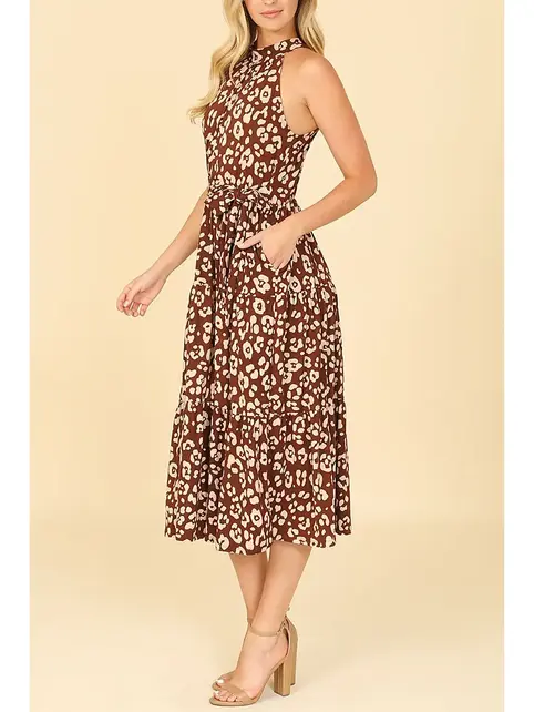 Leopard High Neck Tiered Midi Dress - Brown