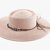 Brianna Wide Brim Boater Hat – Beaded Trim - Blush Pink
