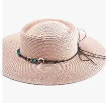 Brianna Wide Brim Boater Hat – Beaded Trim - Blush Pink