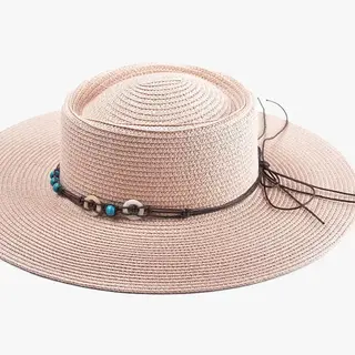 Brianna Wide Brim Boater Hat – Beaded Trim - Blush Pink