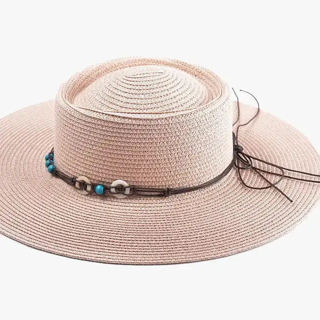 Brianna Wide Brim Boater Hat – Beaded Trim - Blush Pink