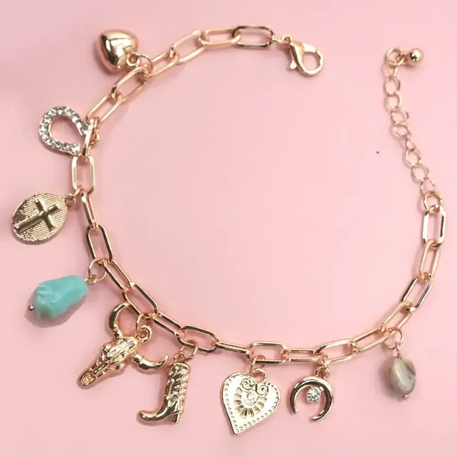 Western Boot & Bullhead Charm Bracelet, 8 in | 80B1291