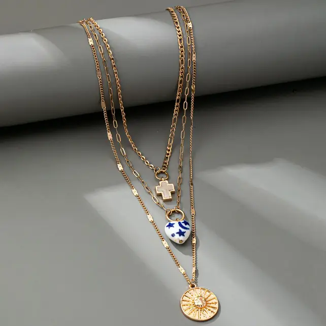 Layered Porcelain Heart Cross Charm Necklace | 80N92498