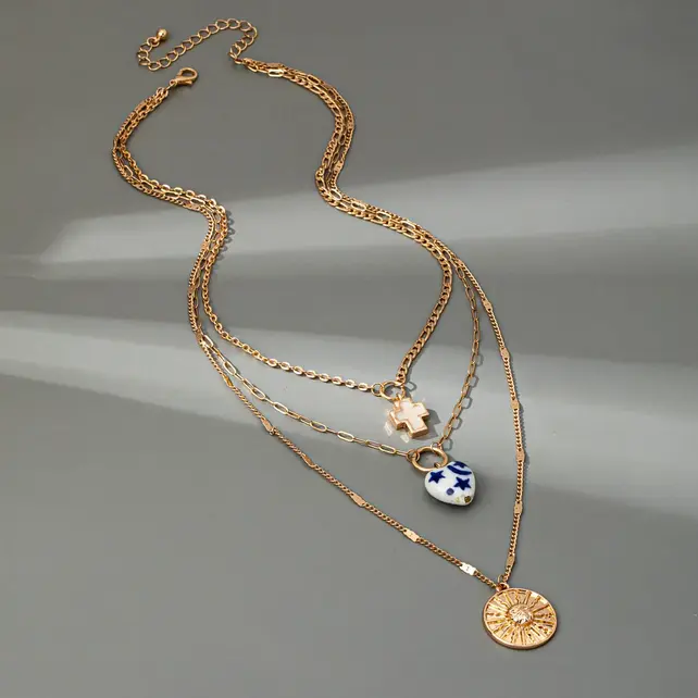 Layered Porcelain Heart Cross Charm Necklace | 80N92498