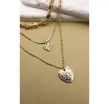 Double Heart Charm Layered Necklace, Gold Plated | 25N556