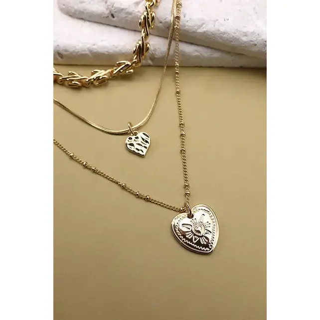 Double Heart Charm Layered Necklace, Gold Plated | 25N556