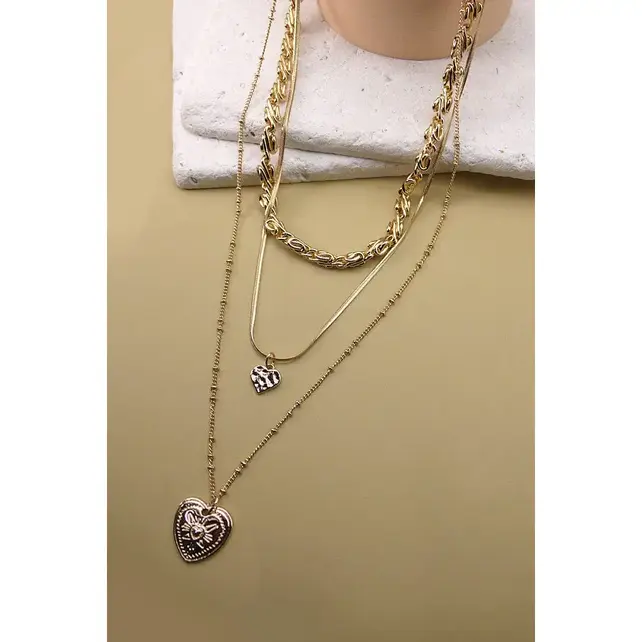 Double Heart Charm Layered Necklace, Gold Plated | 25N556