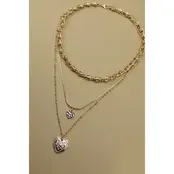 Double Heart Charm Layered Necklace, Gold Plated | 25N556