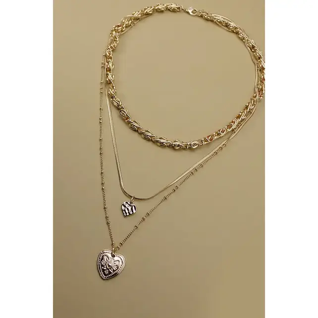 Double Heart Charm Layered Necklace, Gold Plated | 25N556
