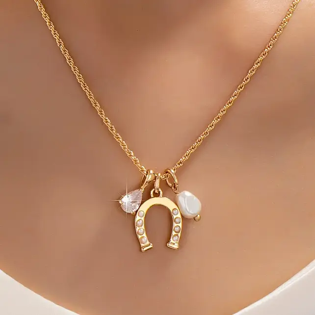 Pave Horseshoe Crystal & Pearl Charm Necklace | 80N93155