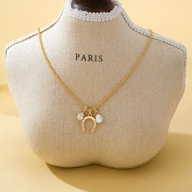 Pave Horseshoe Crystal & Pearl Charm Necklace | 80N93155