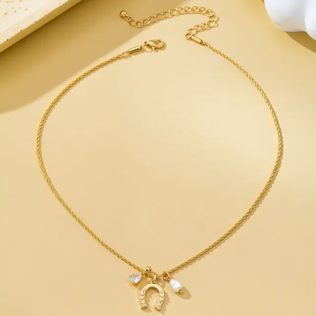 Pave Horseshoe Crystal & Pearl Charm Necklace | 80N93155