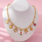 Gold Plated Figaro Chain Multi-Charm Necklace | 80N92748