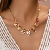 Gold Plated Figaro Chain Multi-Charm Necklace | 80N92748