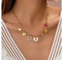 Gold Plated Figaro Chain Multi-Charm Necklace | 80N92748