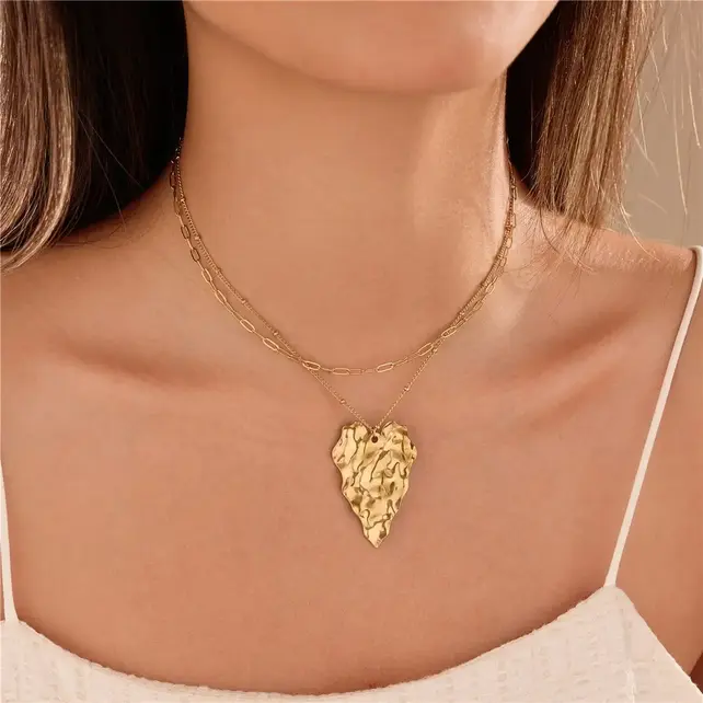 18K Gold Hammered Heart Double Row Necklace | 40NK9695