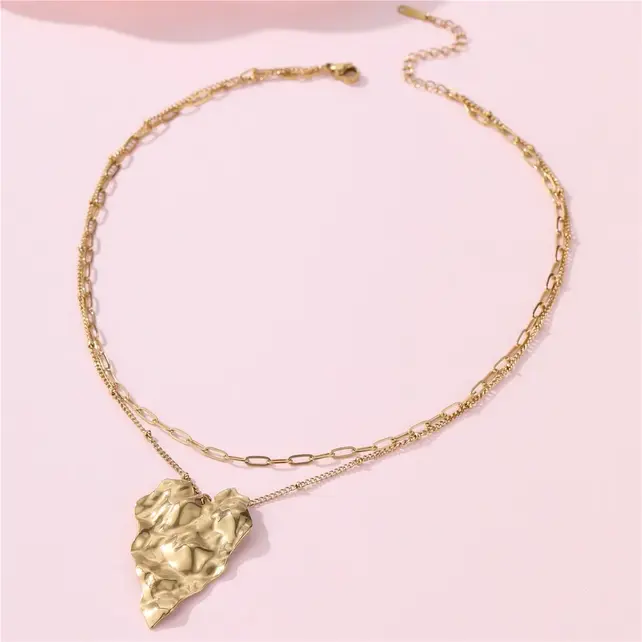18K Gold Hammered Heart Double Row Necklace | 40NK9695