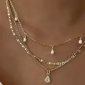 Multi-Layer Pearl Chain Teardrop Charm Necklace | 40NK9637