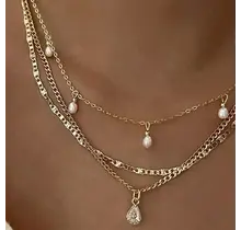 Multi-Layer Pearl Chain Teardrop Charm Necklace | 40NK9637