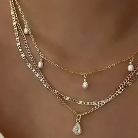 Multi-Layer Pearl Chain Teardrop Charm Necklace | 40NK9637
