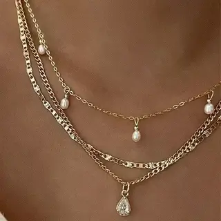 Multi-Layer Pearl Chain Teardrop Charm Necklace | 40NK9637