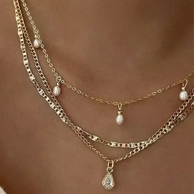 Multi-Layer Pearl Chain Teardrop Charm Necklace | 40NK9637