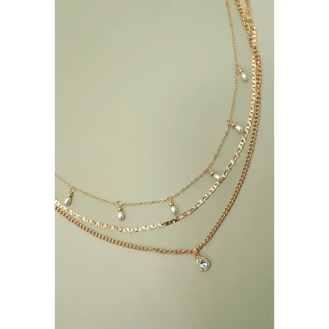 Multi-Layer Pearl Chain Teardrop Charm Necklace | 40NK9637