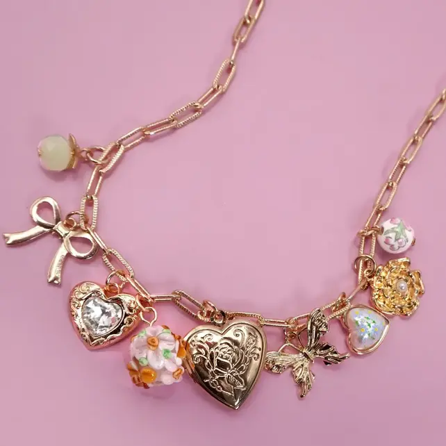 Gold Plated Heart Locket & Flower Charm Necklace | 80N91736