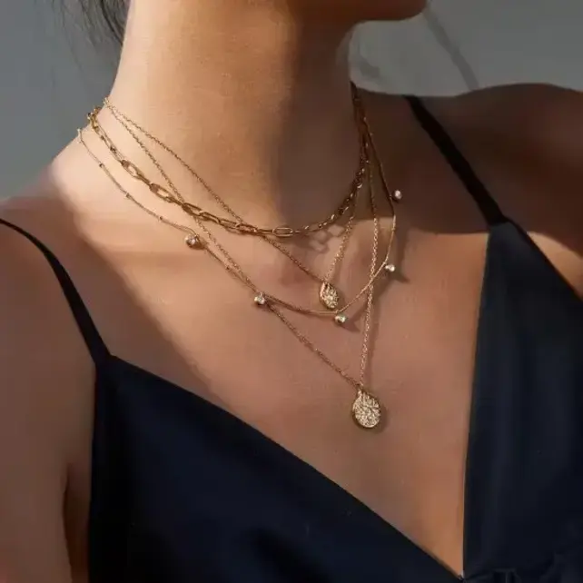 Multi-Layer Stone Chain Teardrop Charm Necklace | 40NK9633