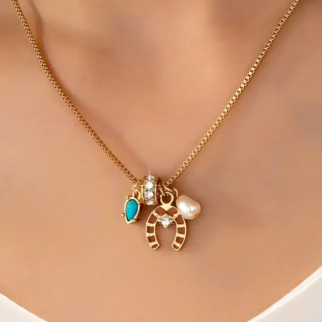 Southwest Horseshoe & Turquoise Charm Necklace, 16in