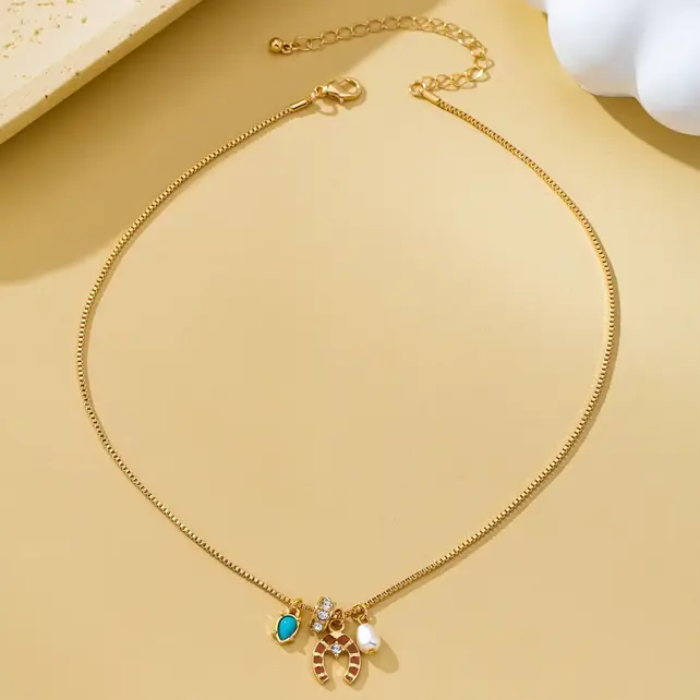 Southwest Horseshoe & Turquoise Charm Necklace, 16in