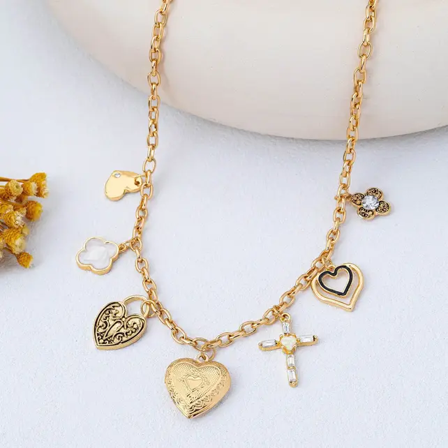 Heart Locket & Cross Charm Necklace, 16.5 in | 80N93116