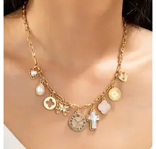 Celestial Vintage Charm Necklace, Gold Plated 16in