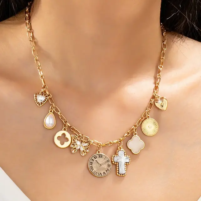 Celestial Vintage Charm Necklace, Gold Plated 16in