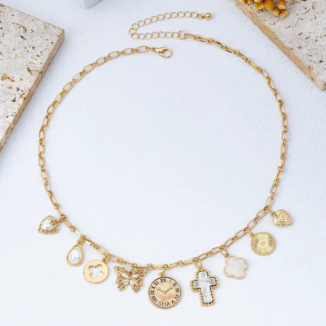 Celestial Vintage Charm Necklace, Gold Plated 16in