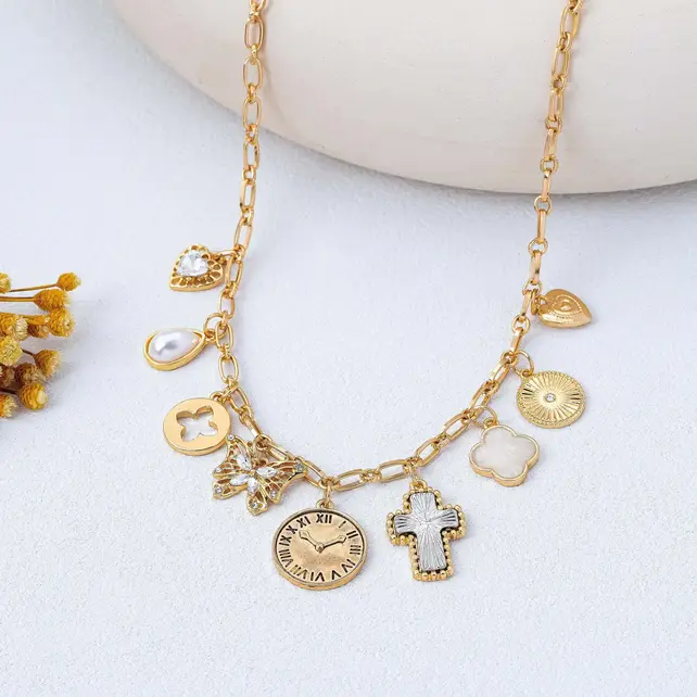 Celestial Vintage Charm Necklace, Gold Plated 16in