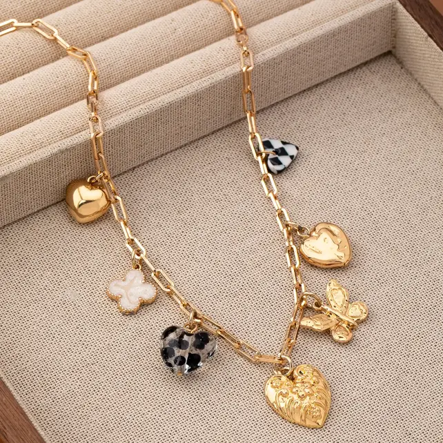 Checker Heart Rhinestone Charm Necklace, 17" | 80N92651