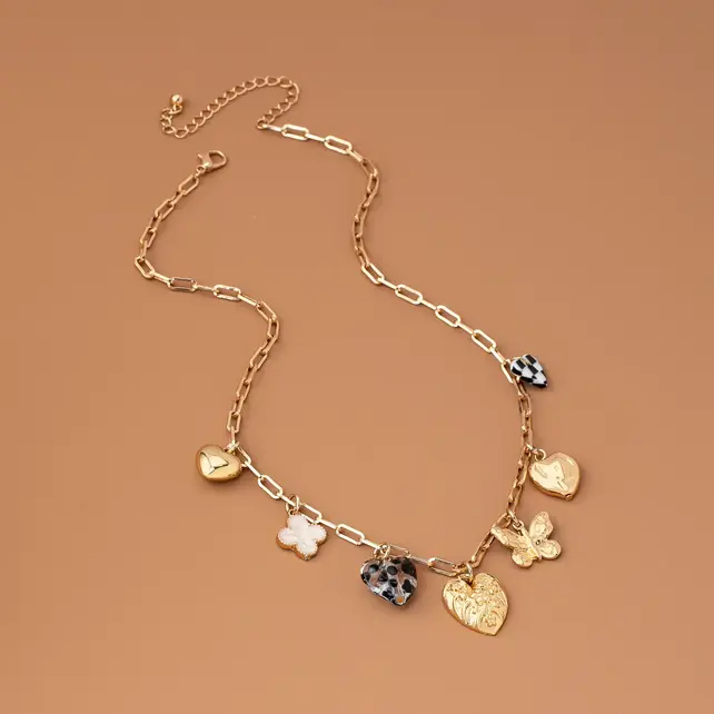 Checker Heart Rhinestone Charm Necklace, 17" | 80N92651