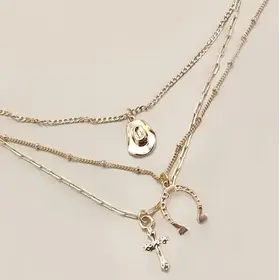 Trio Layer Horseshoe, Hat & Cross Charm Necklace | 80N436