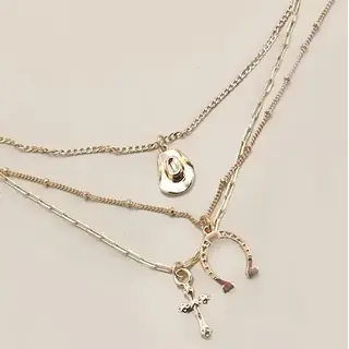 Trio Layer Horseshoe, Hat & Cross Charm Necklace | 80N436