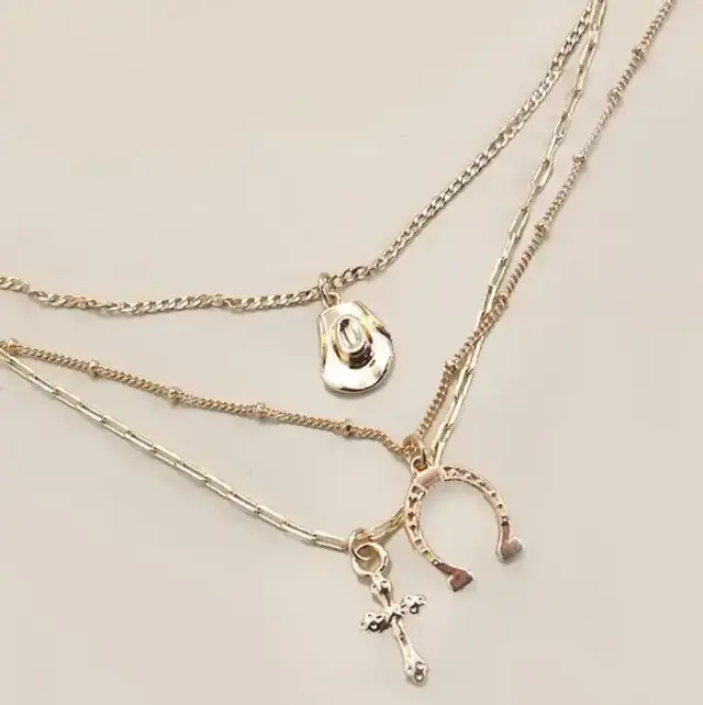 Trio Layer Horseshoe, Hat & Cross Charm Necklace | 80N436