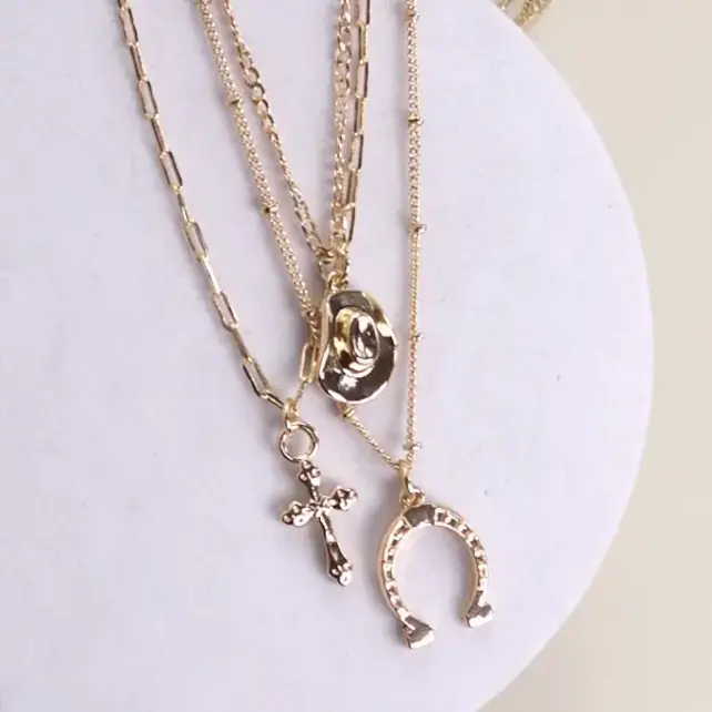 Trio Layer Horseshoe, Hat & Cross Charm Necklace | 80N436