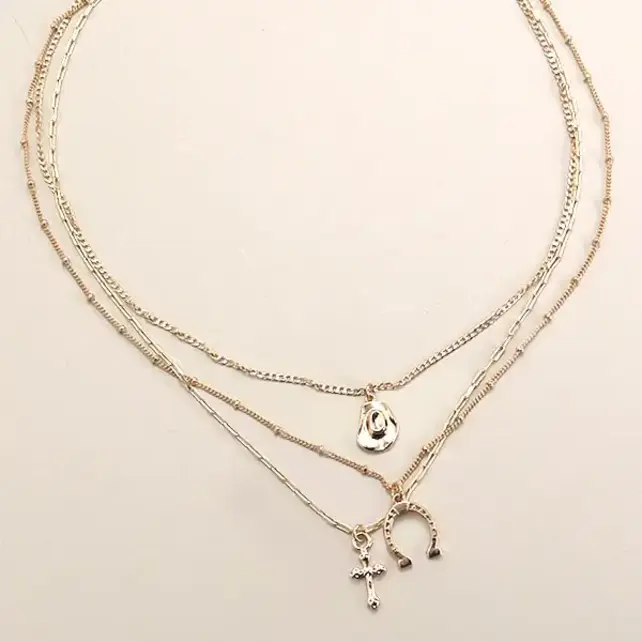 Trio Layer Horseshoe, Hat & Cross Charm Necklace | 80N436