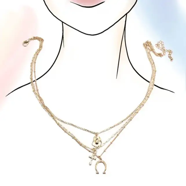Trio Layer Horseshoe, Hat & Cross Charm Necklace | 80N436