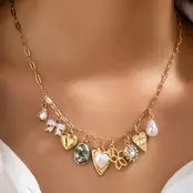 Gold-Plated Heart Bow & Pearl Dangle Charm Necklace | 80N92810