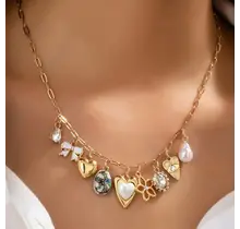 Gold-Plated Heart Bow & Pearl Dangle Charm Necklace | 80N92810