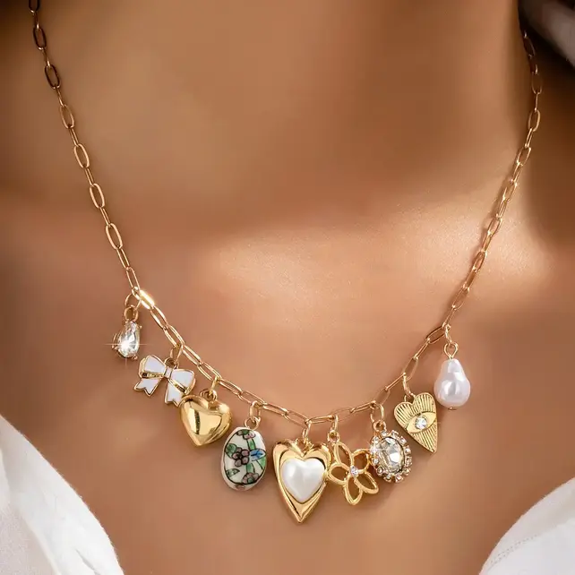 Gold-Plated Heart Bow & Pearl Dangle Charm Necklace | 80N92810