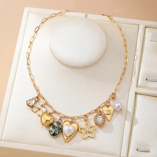 Gold-Plated Heart Bow & Pearl Dangle Charm Necklace | 80N92810