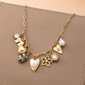 Gold-Plated Heart Bow & Pearl Dangle Charm Necklace | 80N92810