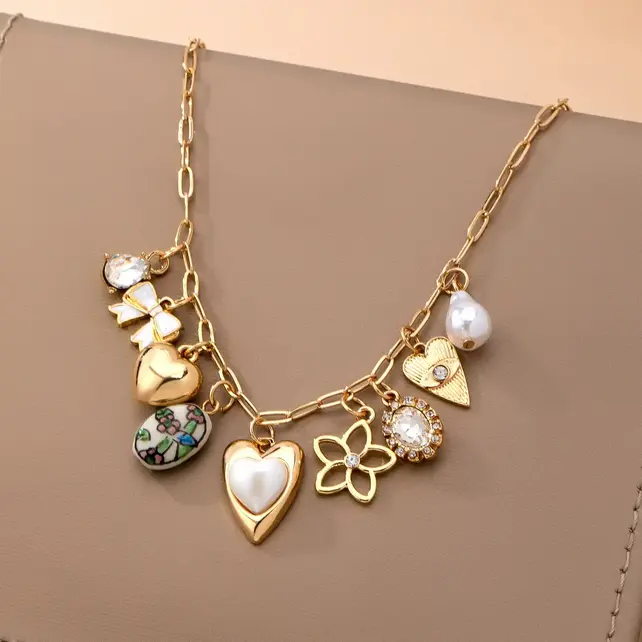 Gold-Plated Heart Bow & Pearl Dangle Charm Necklace | 80N92810